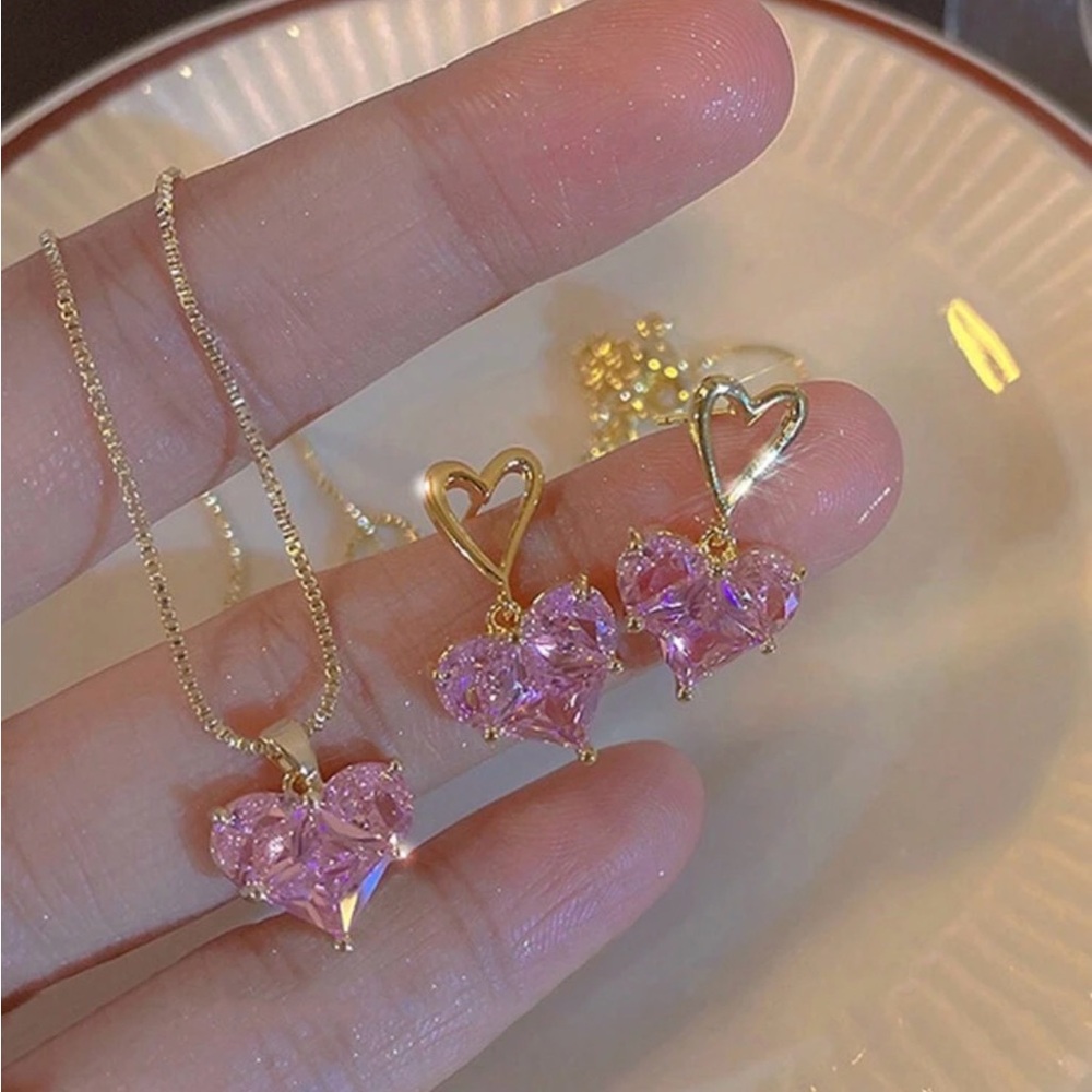 Pink Full Crystal Heart Jewelry Geometric Vintage High-End Necklace Gift Set‎